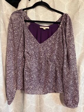 LOFT Purple Floral V-Neck Peasant Blouse